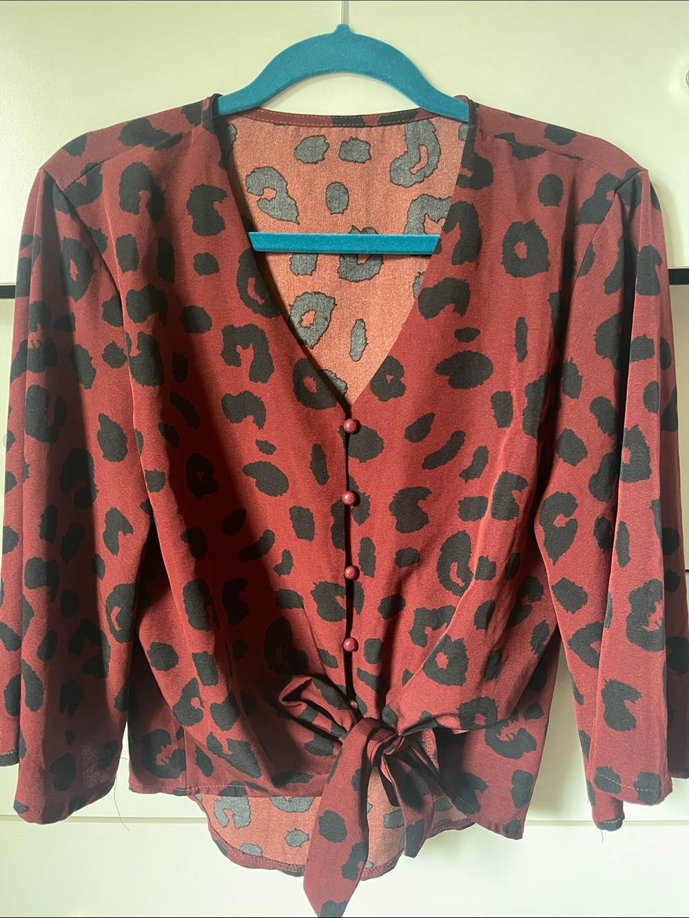 Womens Rust Leopard Print front tie blouse